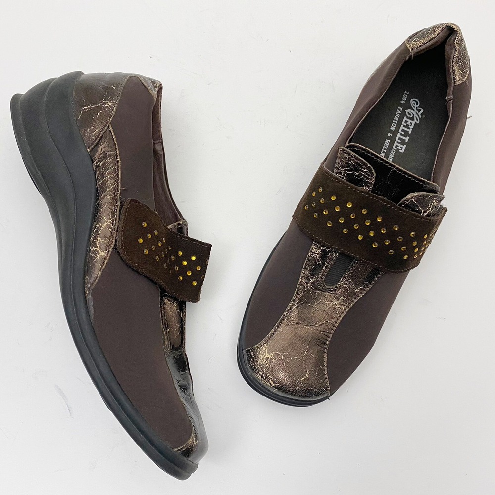 Helle‎ Comfort Safiya Brown Crackle Leather Slip On Sneakers Womens Size 37 EU